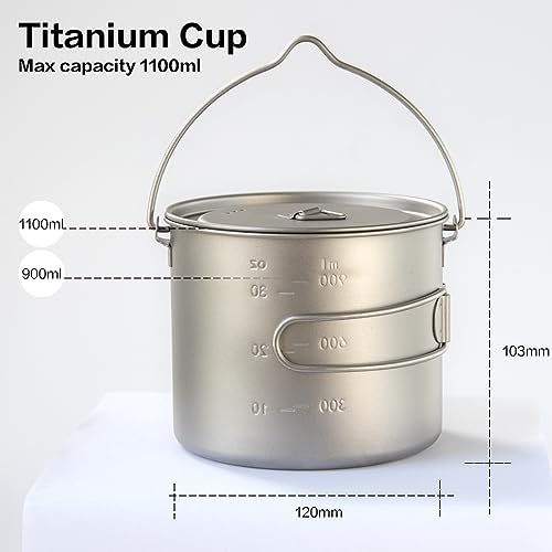 1100ml Titanium Camping Pot with Lid & Bail Handle, Lightweight Backpacking Cookware for Outdoor Hiking Cooking, Ultralight Titanium Cook Pot for Campfire Use - Image 2