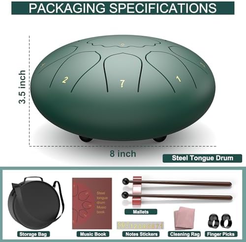 Rain Drum for Outside Garden, 8 Inches 11 Notes Steel Tongue Drum, Waterproof Meditation Rain Chime, Musical Instruments for Adult Gift with Bag, Music Book, Mallets (Green) - Image 5
