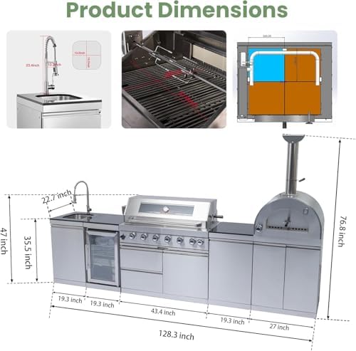 128" Outdoor Kitchen Island,Stainless Steel Propane BBQ Grill with Pizza Oven, Rotisserie, Refrigerator, Granite Countertop, Storage Cabinets & Drawers 120,000 BTU. - Image 2