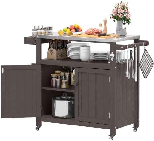 Weatherproof HIPS Outdoor Kitchen Island with Stainless Steel Top & Storage Cabinet, Movable Prep Table with Wheels for BBQ Food Prep, Outdoor Grill Cart for Parties, Cocoa Brown by Sunnibety