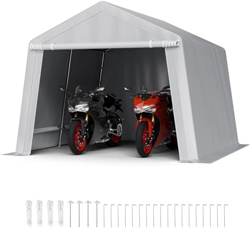 VEVOR Outdoor Storage Shed, 10 x 10 ft Portable Storage Tent with Roll-up Door & Vents, Waterproof Canopy Shed Shelter, Heavy Duty Frame, Patio Garage Carport for Motorcycle, Lawn Mower, Bike, Grey by VEVOR
