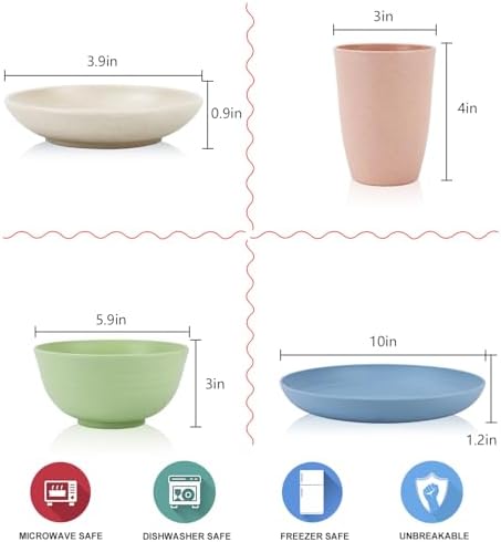 Wrova Wheat straw plates and bowls sets of 16 - Unbreakable wheat straw dinnerware sets for kids - Alternative plastic dinnerware set service for 4 - Microwave safe and Dishwasher safe bowls. Nordic - Image 2