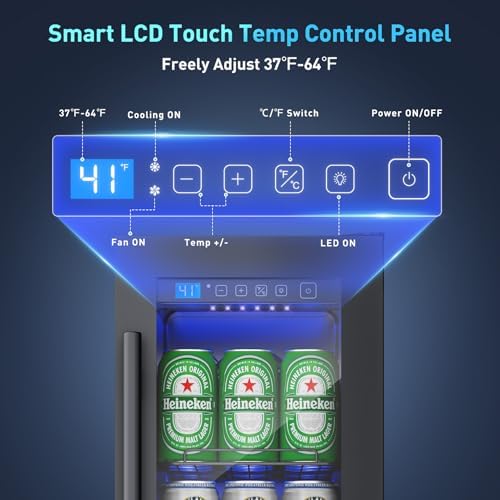 12 Inch Beverage Refrigerator, 60 Can Under Counter Beverage Fridge with Glass Door Built-in or Freestanding, Drink Fridge for Soda Beer Wine-Kitchen Bar Office - Image 3
