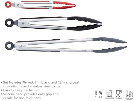 Tovolo Stainless Steel Tongs with Silicone Tips Set of 3 Mini 7” 9” 12 Inch with Easy Lock Mechanism for Cooking Grilling Air Fryer Serving, Red Black Charcoal Gray Heat Resistant Kitchen Tongs - Image 2
