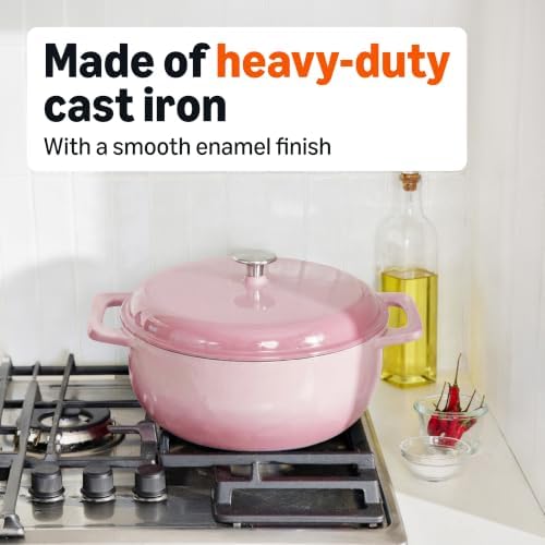 Amazon Basics Enameled Cast Iron Dutch Oven Pot With Lid, 6-Quart, Round, Dual Handles, Heavy-Duty, Oven Safe for Stews, Roasting & Baking, Light Pink - Image 5