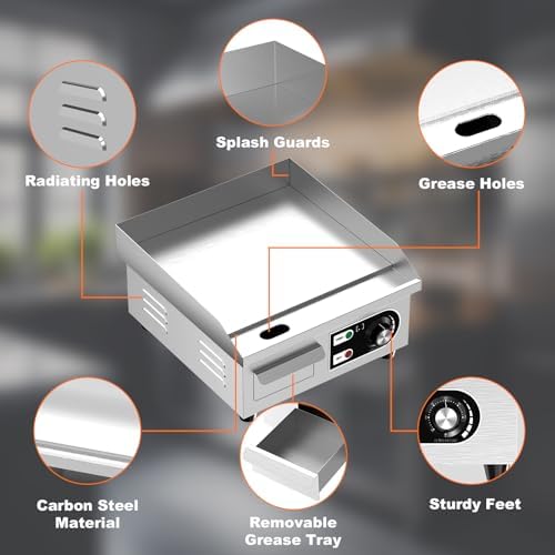 14’’ Commercial Electric Griddle - Electric Cast Iron Griddle w/Stainless Steel Material and Non-Stick, 110V Commercial Griddle w/ 1/2" Thick Iron Cooking Plate for Indoor and Restaurant - Image 5
