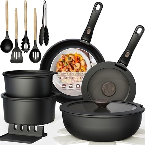 Astercook 21 Pcs Pots and Pans Set Non Stick, Ceramic Cookware Set Detachable Handle, RV Kitchen Cooking Set Removable Handles, Oven Safe, Induction Ready, Stackable, Black, Fathers Day Gift for Men by Astercook