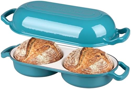 VORRINGARD Enameled Cast Iron Double Dutch Oven with Lid, Dual Round Loaf Pan, Bread pan for Homemade Sourdough Bread Baking, Bluegreen by Unknown