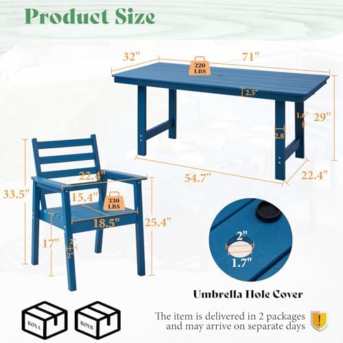 AMERLIFE 7-Piece HDPE Outdoor Dining Set with 71" Patio Table, Blue - Image 2