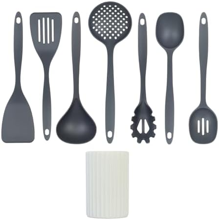 Glad Kitchen Utensils Set, 8pcs - Nonstick Cooking Tools with Utensil Holder - Nylon Spoon, Ladle, Skimmer, Spaghetti Server, and Turner Spatula Set - Dishwasher Safe, Grey - Image 2