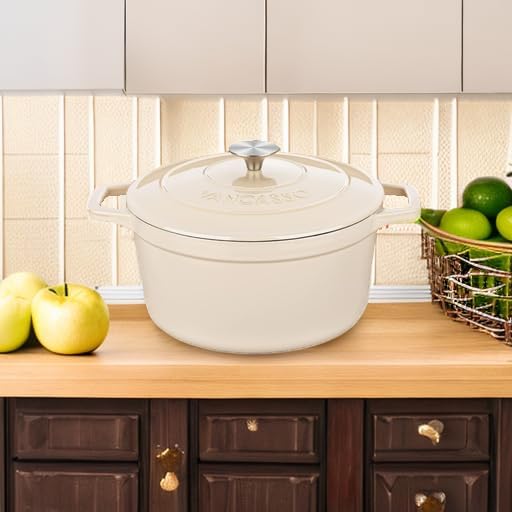 vancasso 6 Qt Round Enameled Cast Iron Dutch Oven with Lid & Handles, Cream - Image 5