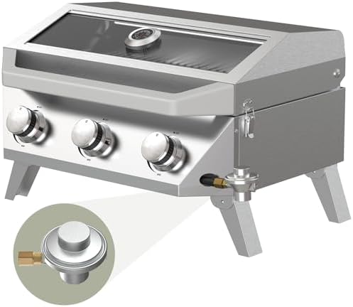 BESTFIRE Portable Propane Grill, 3-Burner Tabletop Gas Grill with 2-in-1 Connection for 1lb/20lb Tanks, 30,000 BTU Stainless Steel BBQ with Observation Window & Thermometer for Outdoor, Tailgating by GrillsOutdoorCooking