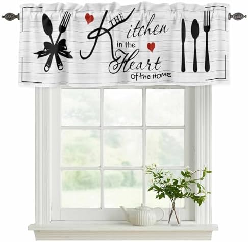 Valances for Windows, Kitchen Tableware Valance Curtains Blackout Drapes for Kitchen/Bathroom/Cafe, Red Love Heart Black Words Vintage Rod Pocket Window Toppers Valances 2 Pack Clearance 42''x12'' - Image 2