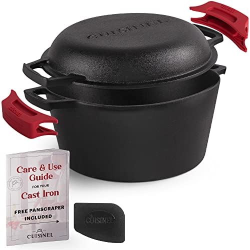 Cuisinel Cast Iron Dutch Oven - 5-Quart Deep Pot - Preseasoned 2-in-1 Multi-Cooker - Combo Lid Doubles as 10"-inch Skillet Frying Pan + Silicone Handle Covers + Scraper - Indoor/Outdoor Bread Cookware by Cuisinel