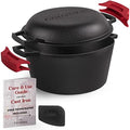 Cuisinel Cast Iron Dutch Oven - 5-Quart Deep Pot - Preseasoned 2-in-1 Multi-Cooker - Combo Lid Doubles as 10"-inch Skillet Frying Pan + Silicone Handle Covers + Scraper - Indoor/Outdoor Bread Cookware by Cuisinel