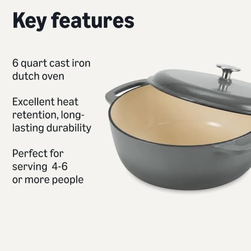 Amazon Basics Enameled Cast Iron Dutch Oven Pot With Lid, 6-Quart, Round, Dual Handles, Heavy-Duty, Oven Safe for Stews, Roasting & Baking, Gray - Image 2
