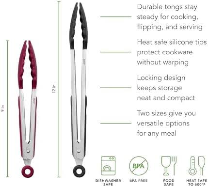Tovolo Stainless Steel Tongs with Silicone Tip Set 9" 12" with Easy Lock Mechanism for Grilling Air Fryer Cooking Serving Salad, Heat Resistant Silicone Tipped Kitchen Tongs Sangria Red Black - Image 5