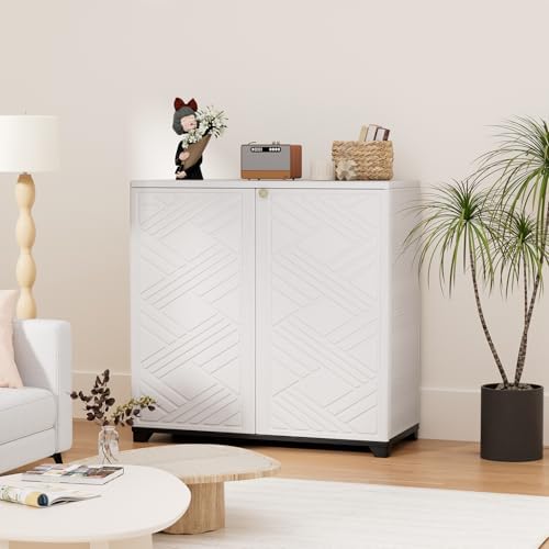 HOMSPARK Indoor/Outdoor Storage Cabinet with Doors, 34”x15”x34” HDPE Plastic Storage Box for Bedroom, Bathroom, Living Room, Balcony, Multi-Purpose for Daily Tools, White - Image 2