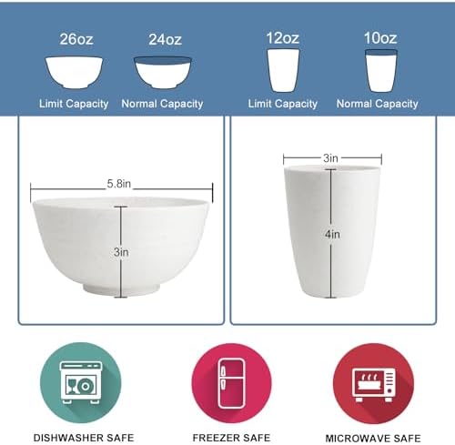 Wrova Wheat straw bowl and plate sets of 40 with cups for kids - Unbreakable plastic dinnerware sets service for 8 - Microwave and Dishwasher safe dish sets for kitchen and camping. White - Image 3