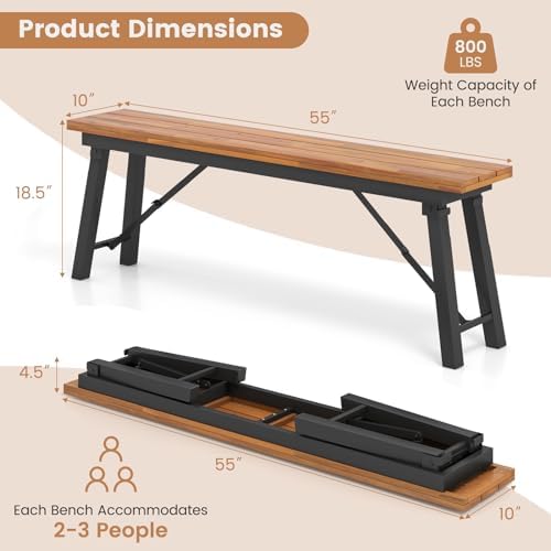 HAPPYGRILL Folding Picnic Table Bench Set, Acacia Wood Dining Table Bench w/Metal Frame, Portable Camping BBQ Table Bench, Rectangular Dining Table for Indoor Outdoor Activities Garden Yard Patio - Image 7