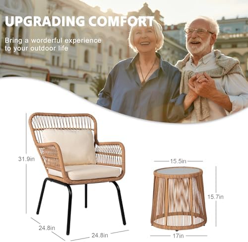 3 Piece Outdoor Wicker Furniture Bistro Set, Rattan Chairs Conversation Sets with Solar Light, Wicker Patio Furniture for Balcony Poolside Backyard, Beige - Image 6
