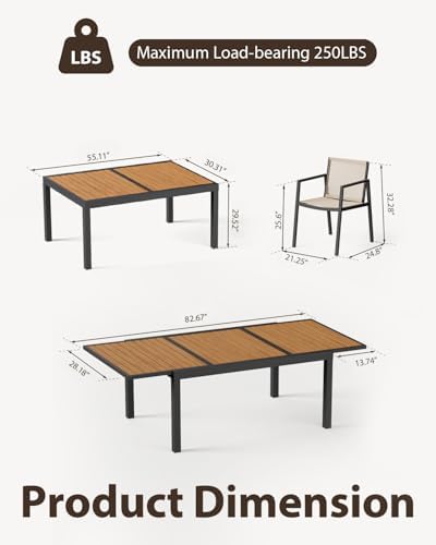 ZANDOR Expandable Outdoor Dining Set for 4-6-8,Patio Table and Chairs Set with Wood Top for Garden,Backyard,Porch,55"-82.7" Extendable Aluminum Outdoor Table Set with 8 Chairs,Grey - Image 4