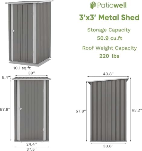 Patiowell 3x3 FT Storage Shed, Small Metal Shed, Gray - Image 2