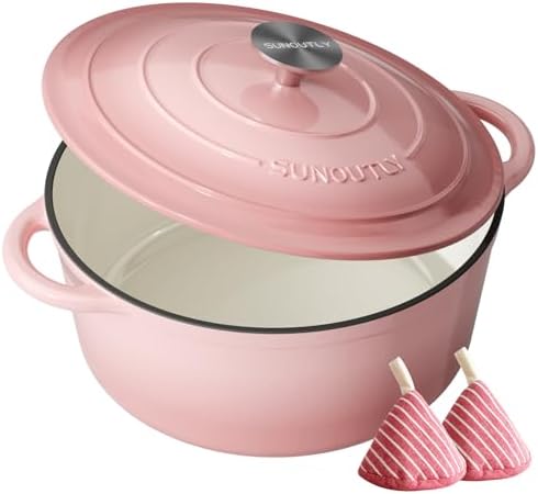 Enameled Cast Iron Dutch Oven, 7.5QT Pot with Lid, Gentle Pink by SUNOUTLY