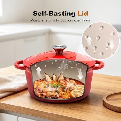 Enameled Cast Iron Round Dutch Oven -7QT Pot With Lid,Red - Image 4