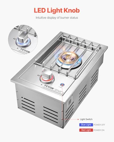 VEVOR Single Grilling Side Burner, 17,000BTU Liquid Propane Side Burner for Outdoor Kitchen, Convertible to Natural Gas, 304 Stainless Steel Built-in Single Grill Burners with LED for BBQ Grill Island - Image 3