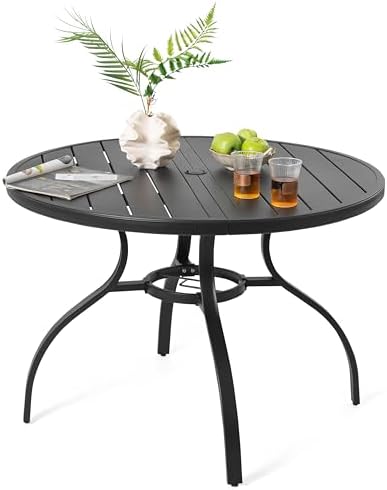 NUU GARDEN 41" Round Outdoor Patio Dining Table for 4, Slatted Metal Table with 1.57" Umbrella Hole and Adjustable Feet, All-Weather for Lawn, Garden and Backyard, Black - Image 5
