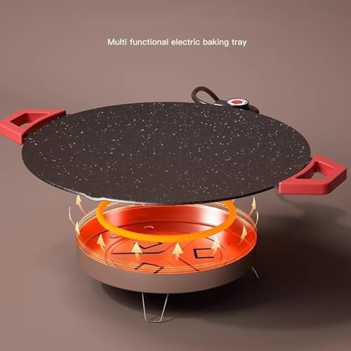 Electric Smokeless Grill, Non-Stick BBQ Griddle with Temperature Control, Round Cooking Surface with Red Handles, Indoor Barbecue Pan for Meat and Seafood (14) - Image 4