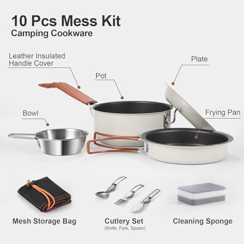 Odoland 10pcs Camping Cookware Non-Stick Camping Pot and Pan Set with Plate Bowl Fork Knife Spoon for Backpacking, Hiking, Outdoor Cooking and Picnic - Image 3