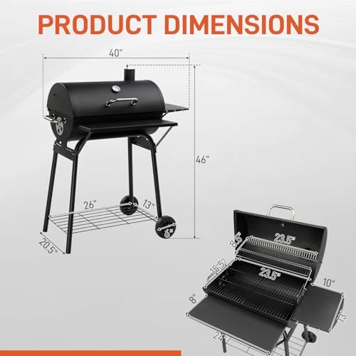 Outvita Barrel Charcoal Grill with Warming Rack, Side Front Table, Black - Image 5