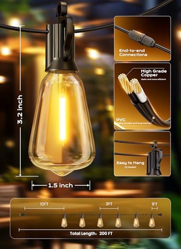 Brightown Outdoor String Lights, 200FT 64+2 LED ST38 LED Patio Lights Shatterproof, Dimmable IP65 Waterproof Connectable Hanging Outdoor Light for Backyard, Porch, Deck, Balcony - Image 7
