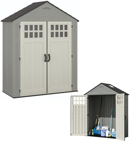 Suncast Everett 6x3 ft Vertical Storage Shed - Resin Outdoor Garden Shed with Floor, Windows, Skylight & Lockable Double Doors. Slim Yard Storage for Utility Tools & Backyard Equipment by Unknown