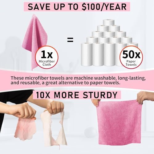 Microfiber Cleaning Cloth, 150 Sheets Tear Away Shop Towels, Reusable Washable Microfiber Towels for Cars, Lint Free Cleaning Rags for Home, Automotive, Workshop & Garage 11.5"x11.5" Pink - Image 7