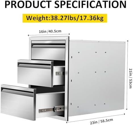 Outdoor Kitchen Drawers 16" W x 21"H x 23"D Triple BBQ Drawers Stainless Steel Built-in Drawer for Outdoor Kitchen Island, Patio Grill Station - Image 2