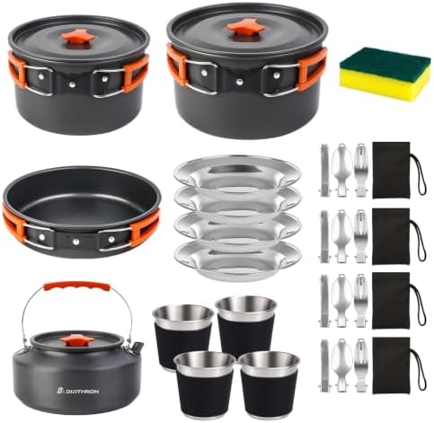 34PC Camping Cookware Set for 5-7, 2 Pots, Frying Pan & Kettle by DADinithron