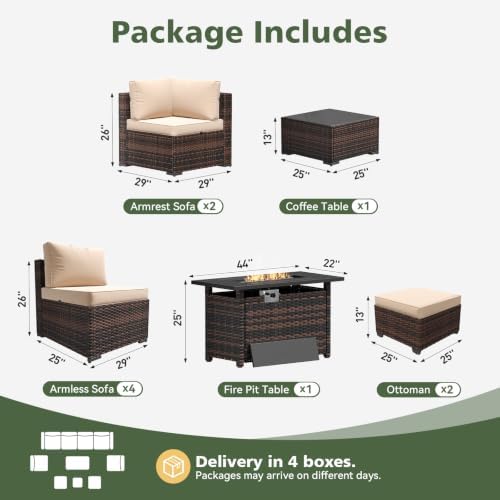 Aoxun 10 Piece Outdoor Patio Furniture Set with 44'' Fire Pit Table, Outdoor Patio Furniture Sets with Coffee Table, Wicker Rattan Outdoor Conversation Set with Ottoman for Backyard & Garden, Beige - Image 2