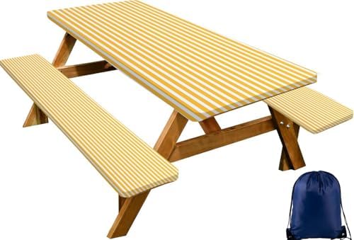 CAPSCEOLL Fitted Picnic Table Cover with Bench Covers 5ft - Yellow White by CAPSCEOLL
