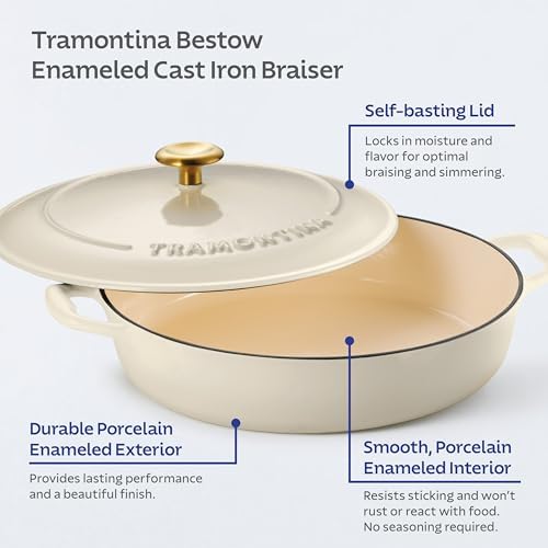 Tramontina Bestow Enameled Cast Iron 4-Qt Braiser Pan with Lid, Latte - Image 3