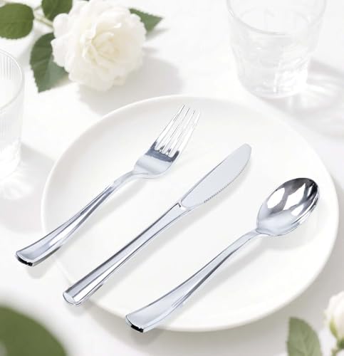 HEIPINIUYE 75 Pack Silver Plastic Cutlery Heavy Duty Silver Plastic Knives Forks and Spoons Disposable Silverware Set for 25 Guest Camping Birthday Baby Shower Wedding Party Utensils Set - Image 5