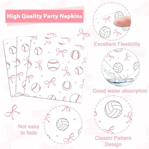 96Pcs Pink Bow Baseball Paper Plates and Napkins Pink Bow Baseball Party Supplies Sports Theme Disposable Tableware Dinnerware Set for 24 Guests Team Game Day Sport Birthday Baby Shower Decorations - Image 3
