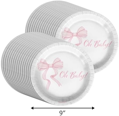Birthday Galore Pink Bows Oh Baby Baby Shower - 32 Piece Disposable Party Supplies - Girl's Baby Shower Decorations - Round Party Plates - Large 9" Paper Plates In Bulk - Image 2