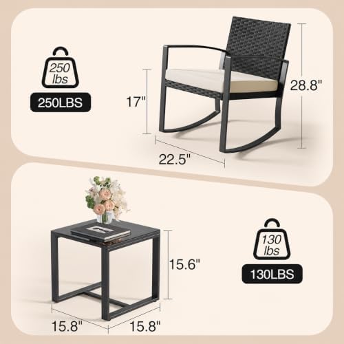 Qsun 3 Pieces Porch Furniture Set Patio Rocking Bistro Set Outdoor Patio Chairs Rattan Conversation Sets with Coffee Table for Front Porch Garden Balcony Backyard Poolside (Beige Cushion) - Image 2