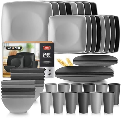 Teivio 48-piece Plates and Bowls Sets, Square Kitchen Dishes Set for 12 by Teivio