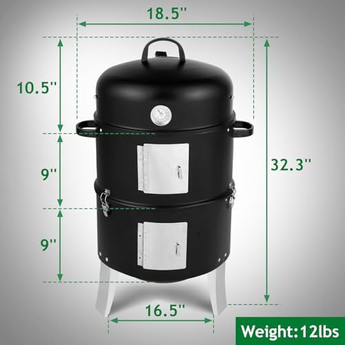 VINGLI 3-in-1 Vertical Charcoal Grill, 18.5'' Round Charcoal Smoker with Built-in Thermometer, Air Vent and 2 Access Doors, Perfect for Outdoor Cooking, Camping, Picnics, BBQs, and Tailgating Parties - Image 7