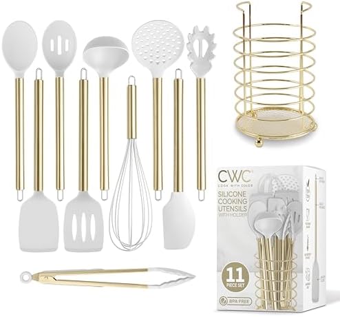 COOK WITH COLOR Silicone Cooking Utensils, Kitchen Utensil Set, Easy to Clean Silicone Kitchen Utensils, Cooking Utensils for Nonstick Cookware, Kitchen Gadgets Set with Holder, 11 Pieces by CookwithColor