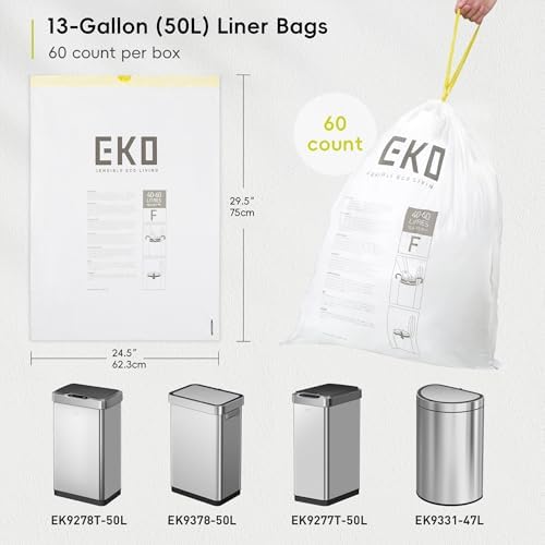 EKO 13 Gallon / 40-60 Liter, 60 Count Drawstring Trash Bags, Extra-Strong Unscented Garbage Bags, Easy-Dispense Roll for Kitchen & Household Use, Leak-Resistant, Code F, White - Image 6